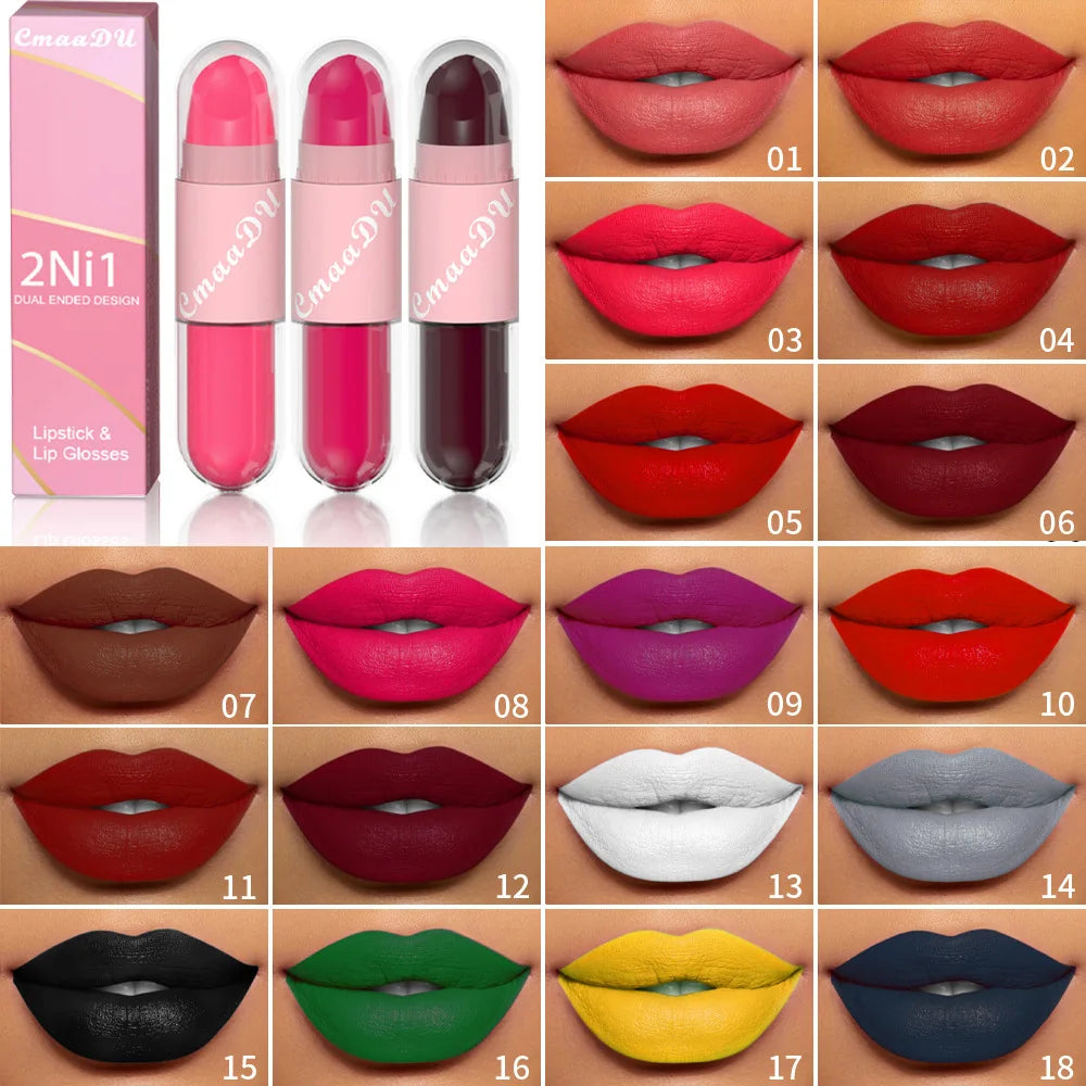 02.- 18 colores 2 en 1 lápiz labial mate líquido púrpura esmalte de labios doble cabeza maquillaje de labios duradero impermeable terciopelo Sexy barras de labios rojo oscuro