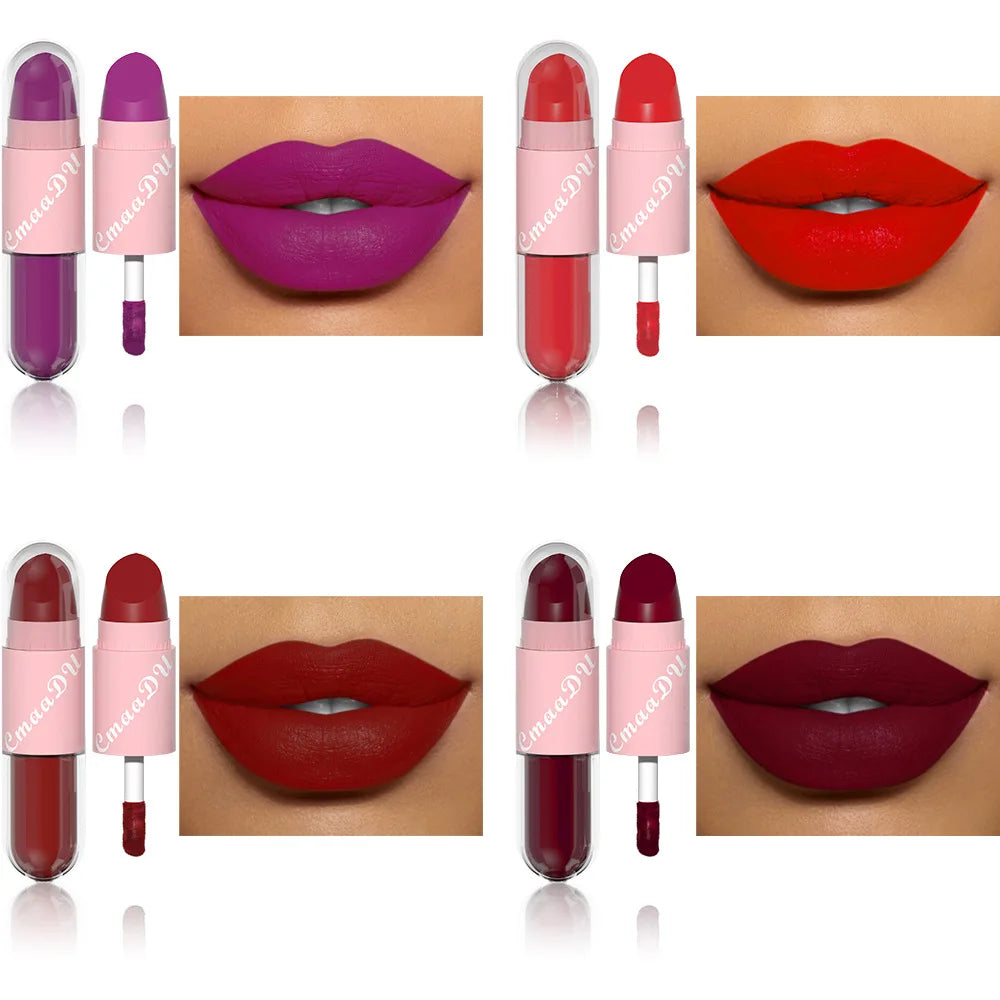 02.- 18 colores 2 en 1 lápiz labial mate líquido púrpura esmalte de labios doble cabeza maquillaje de labios duradero impermeable terciopelo Sexy barras de labios rojo oscuro