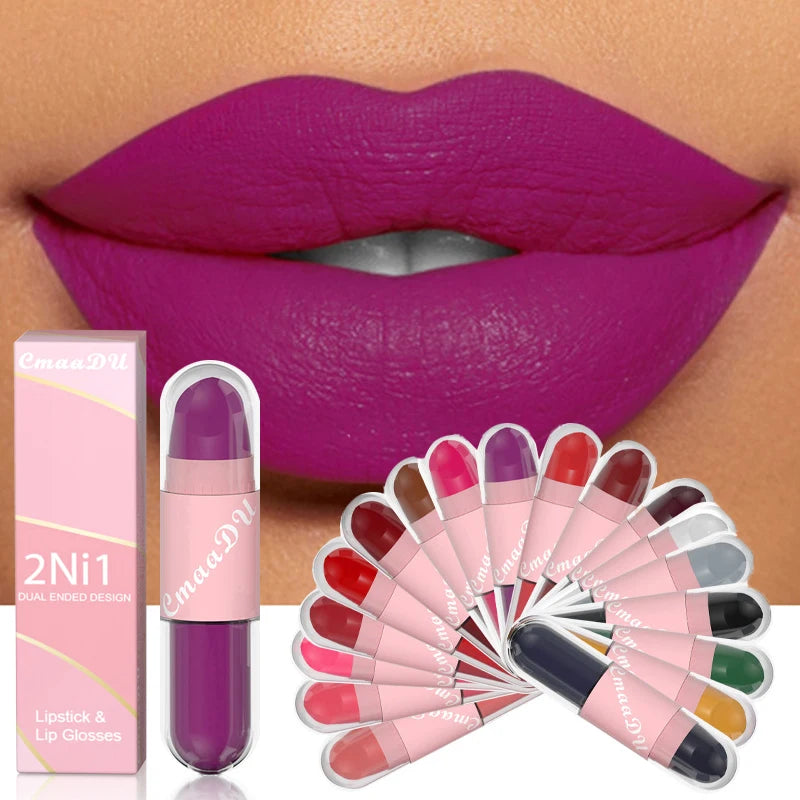 02.- 18 colores 2 en 1 lápiz labial mate líquido púrpura esmalte de labios doble cabeza maquillaje de labios duradero impermeable terciopelo Sexy barras de labios rojo oscuro