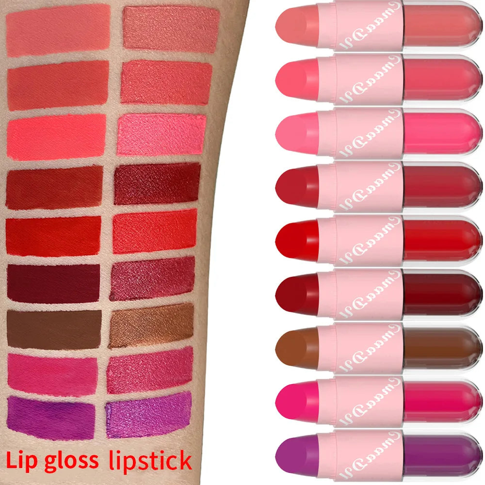 02.- 18 colores 2 en 1 lápiz labial mate líquido púrpura esmalte de labios doble cabeza maquillaje de labios duradero impermeable terciopelo Sexy barras de labios rojo oscuro