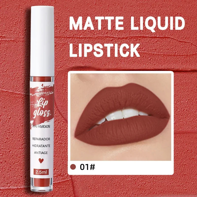 06.- Rosa Rojo Mate Lápiz Labial Líquido Maquillaje Esmalte de Labios Hidratante Impermeable Duradero Barro Labial Antiadherente Taza Brillo de Labios Maquillaje Coreano