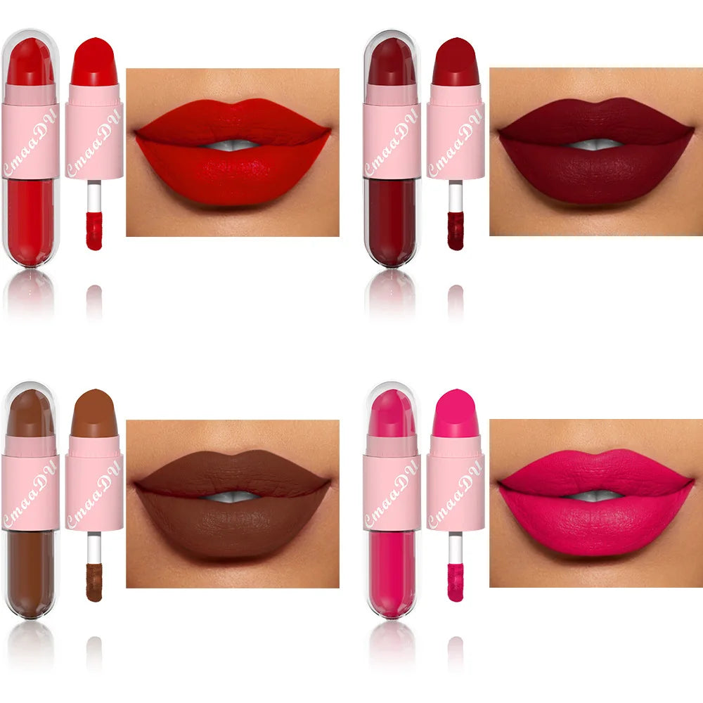 02.- 18 colores 2 en 1 lápiz labial mate líquido púrpura esmalte de labios doble cabeza maquillaje de labios duradero impermeable terciopelo Sexy barras de labios rojo oscuro