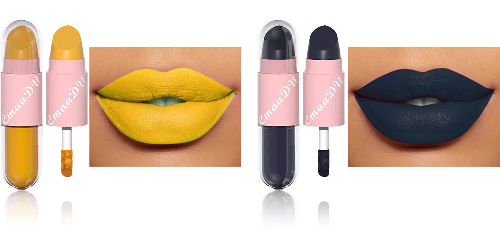 02.- 18 colores 2 en 1 lápiz labial mate líquido púrpura esmalte de labios doble cabeza maquillaje de labios duradero impermeable terciopelo Sexy barras de labios rojo oscuro