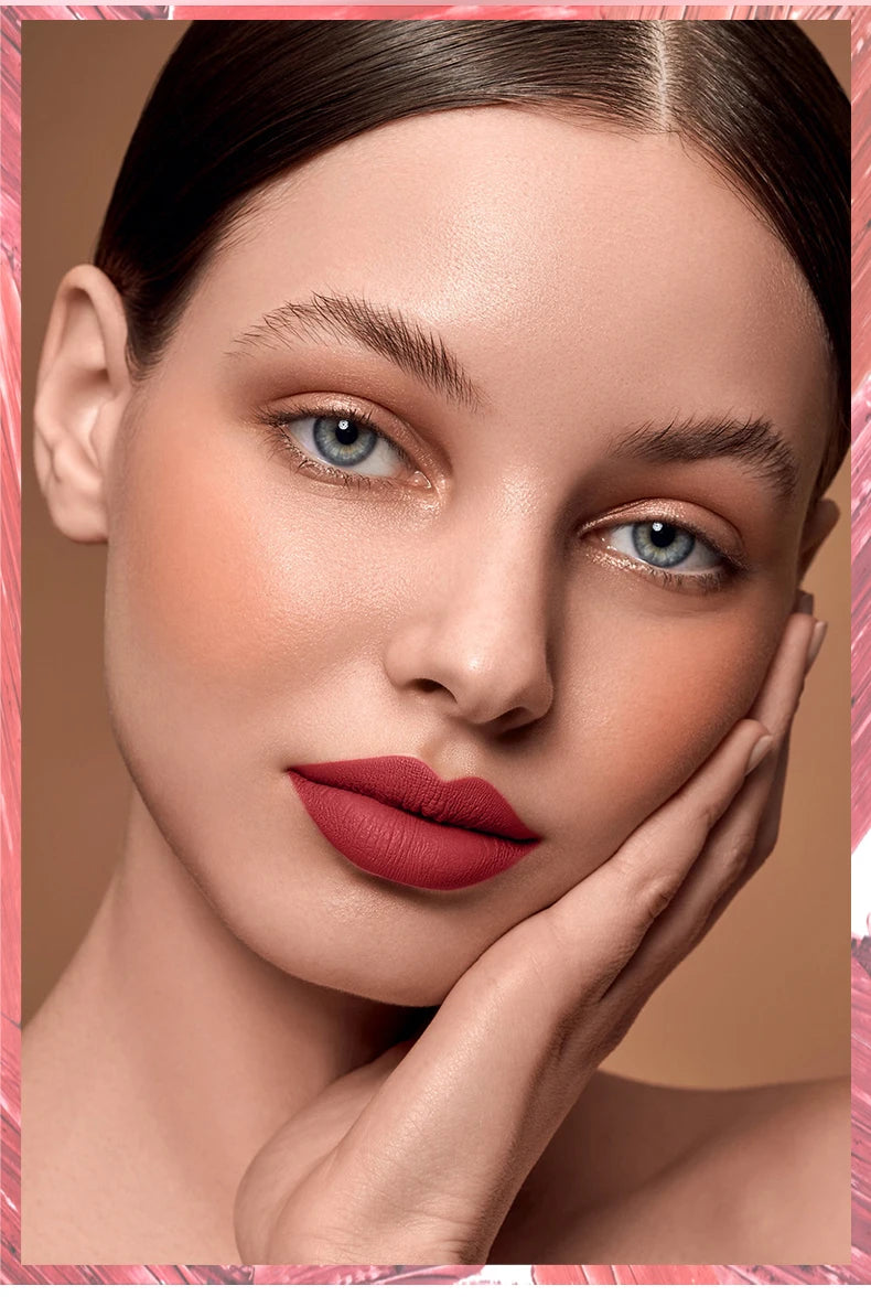 06.- Rosa Rojo Mate Lápiz Labial Líquido Maquillaje Esmalte de Labios Hidratante Impermeable Duradero Barro Labial Antiadherente Taza Brillo de Labios Maquillaje Coreano