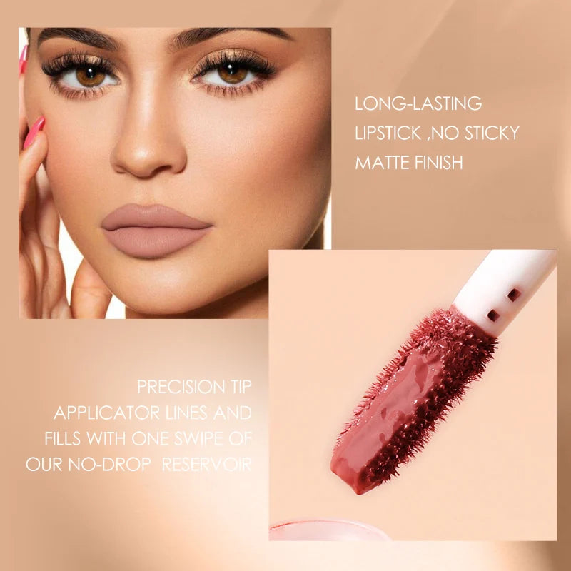 03.- Color mate terciopelo brillo de labios de larga duración impermeable desnudo antiadherente taza líquido lápiz labial mujeres maquillaje de labios cosméticos