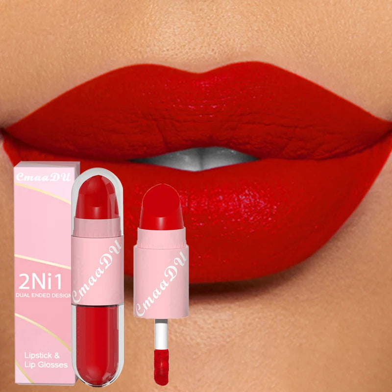 02.- 18 colores 2 en 1 lápiz labial mate líquido púrpura esmalte de labios doble cabeza maquillaje de labios duradero impermeable terciopelo Sexy barras de labios rojo oscuro