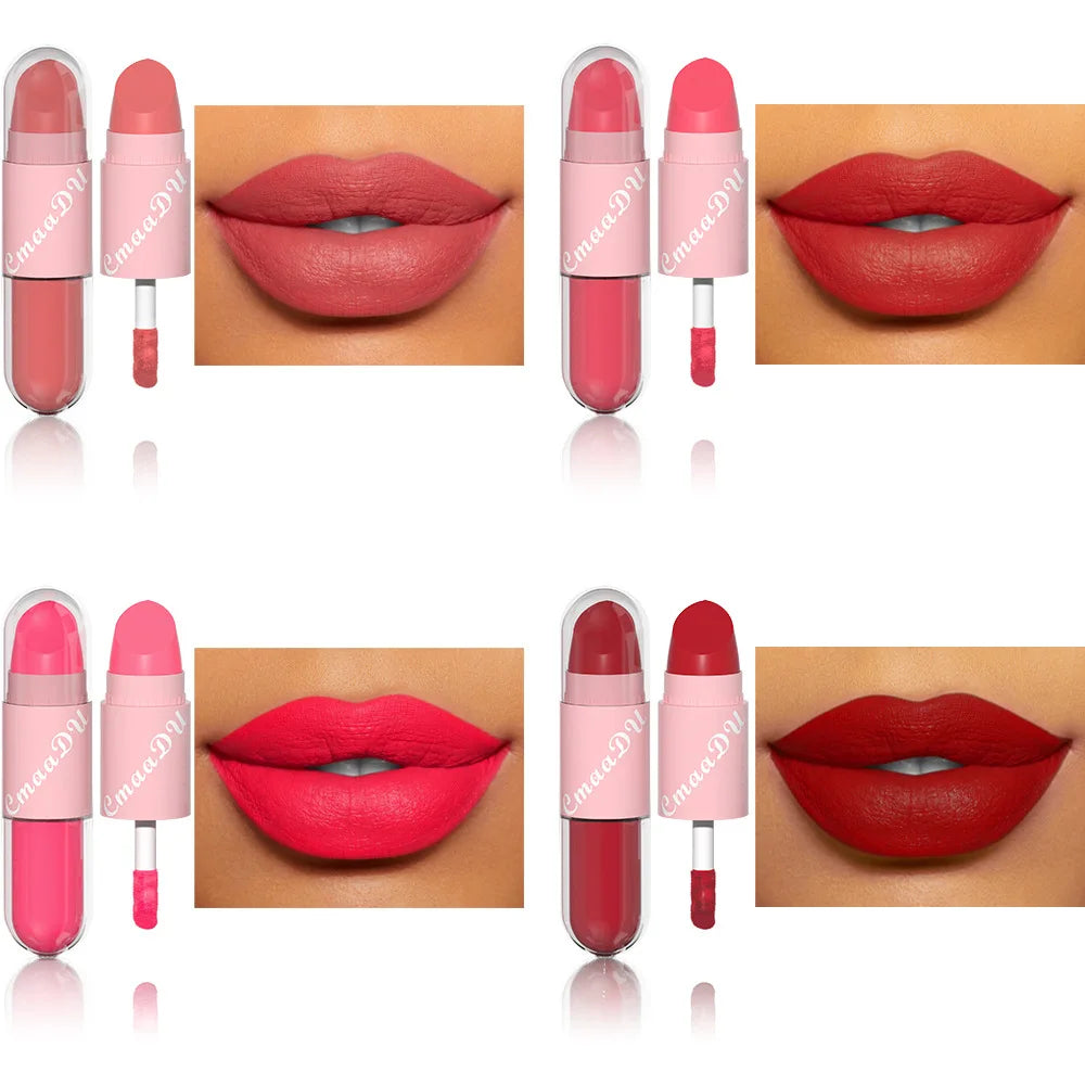 02.- 18 colores 2 en 1 lápiz labial mate líquido púrpura esmalte de labios doble cabeza maquillaje de labios duradero impermeable terciopelo Sexy barras de labios rojo oscuro