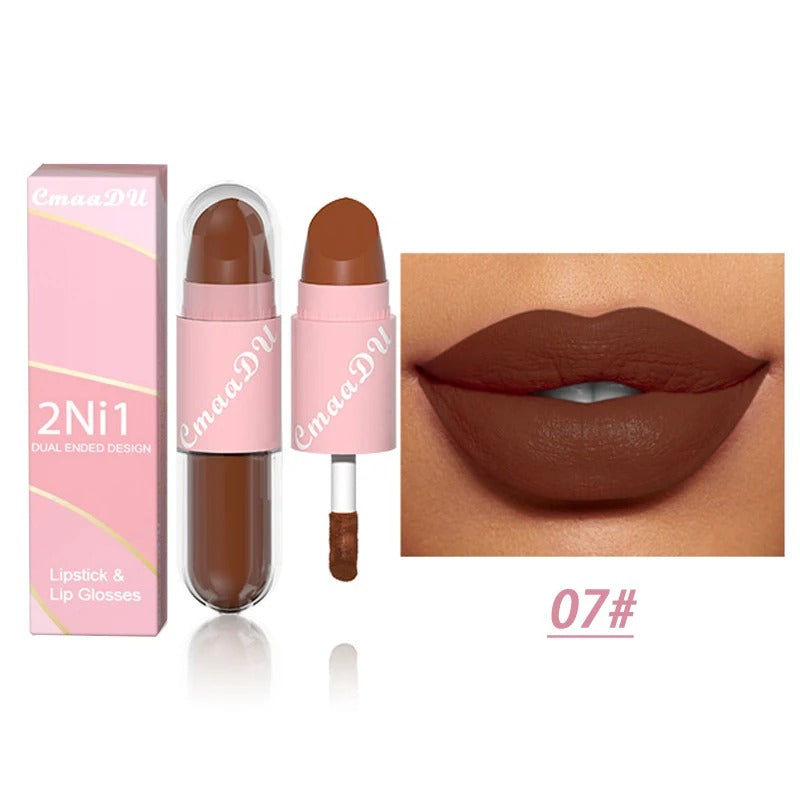 02.- 18 colores 2 en 1 lápiz labial mate líquido púrpura esmalte de labios doble cabeza maquillaje de labios duradero impermeable terciopelo Sexy barras de labios rojo oscuro