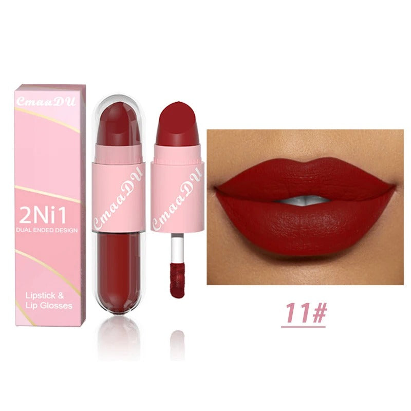 02.- 18 colores 2 en 1 lápiz labial mate líquido púrpura esmalte de labios doble cabeza maquillaje de labios duradero impermeable terciopelo Sexy barras de labios rojo oscuro