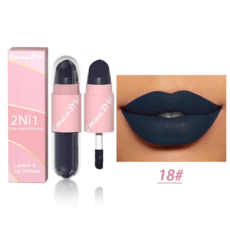 02.- 18 colores 2 en 1 lápiz labial mate líquido púrpura esmalte de labios doble cabeza maquillaje de labios duradero impermeable terciopelo Sexy barras de labios rojo oscuro