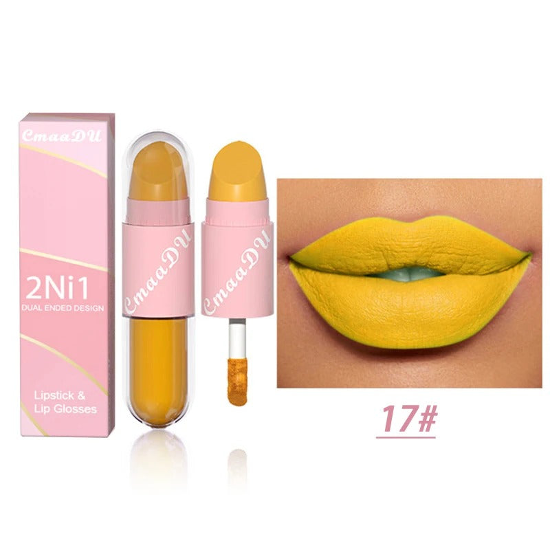 02.- 18 colores 2 en 1 lápiz labial mate líquido púrpura esmalte de labios doble cabeza maquillaje de labios duradero impermeable terciopelo Sexy barras de labios rojo oscuro