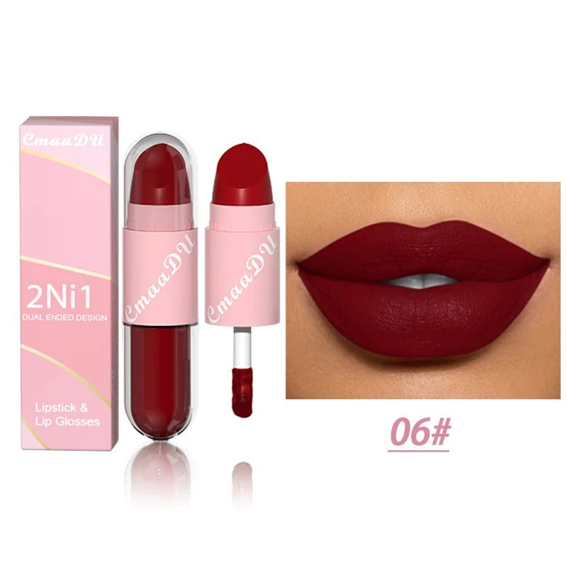 02.- 18 colores 2 en 1 lápiz labial mate líquido púrpura esmalte de labios doble cabeza maquillaje de labios duradero impermeable terciopelo Sexy barras de labios rojo oscuro