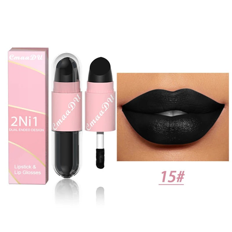 02.- 18 colores 2 en 1 lápiz labial mate líquido púrpura esmalte de labios doble cabeza maquillaje de labios duradero impermeable terciopelo Sexy barras de labios rojo oscuro