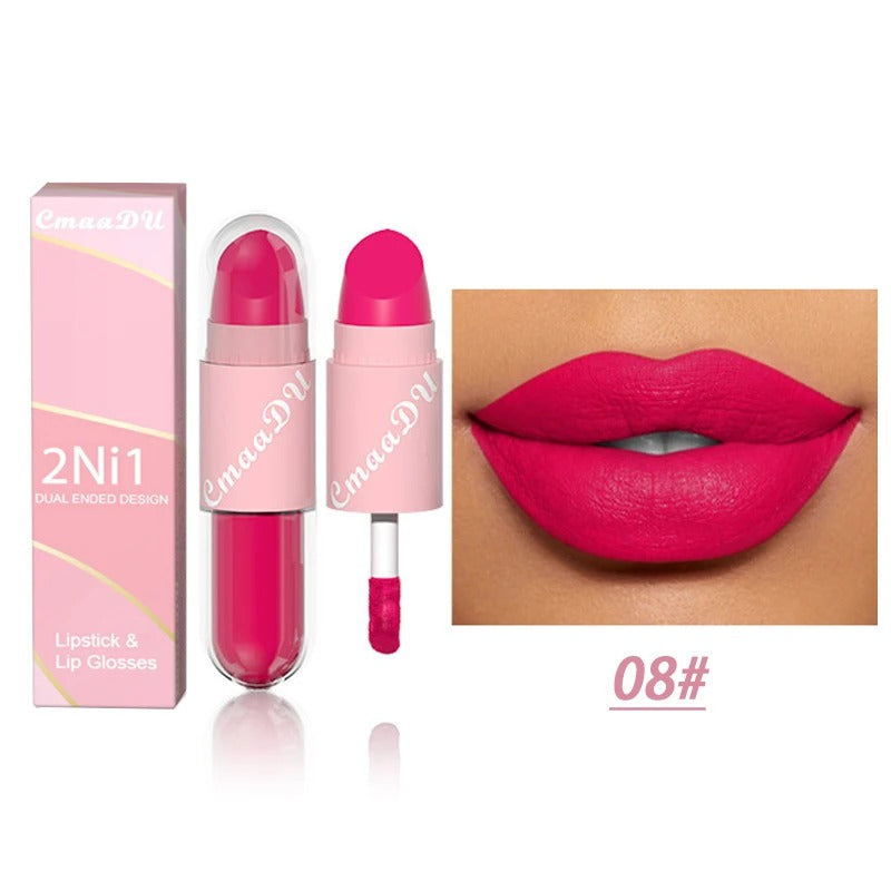 02.- 18 colores 2 en 1 lápiz labial mate líquido púrpura esmalte de labios doble cabeza maquillaje de labios duradero impermeable terciopelo Sexy barras de labios rojo oscuro