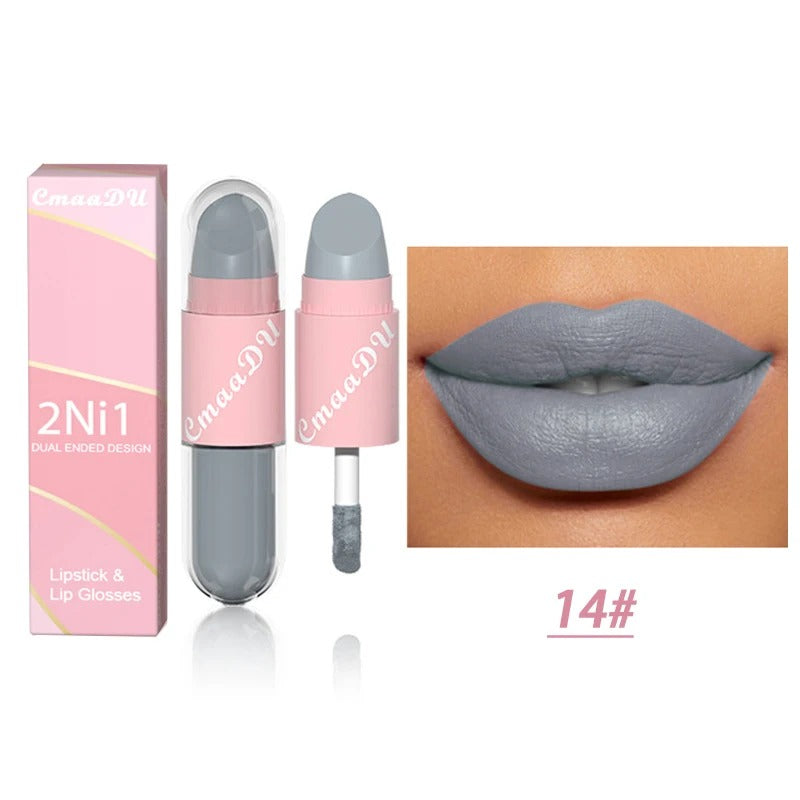 02.- 18 colores 2 en 1 lápiz labial mate líquido púrpura esmalte de labios doble cabeza maquillaje de labios duradero impermeable terciopelo Sexy barras de labios rojo oscuro