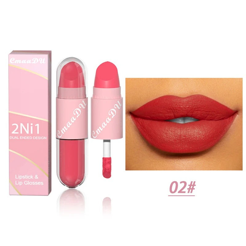 02.- 18 colores 2 en 1 lápiz labial mate líquido púrpura esmalte de labios doble cabeza maquillaje de labios duradero impermeable terciopelo Sexy barras de labios rojo oscuro