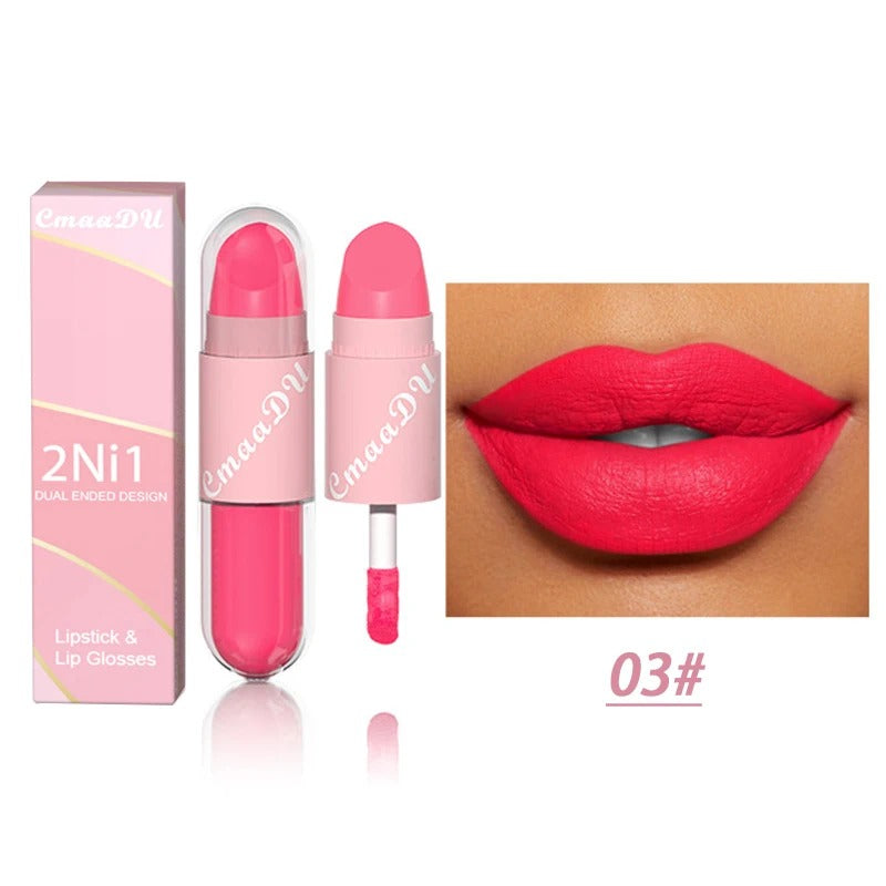 02.- 18 colores 2 en 1 lápiz labial mate líquido púrpura esmalte de labios doble cabeza maquillaje de labios duradero impermeable terciopelo Sexy barras de labios rojo oscuro