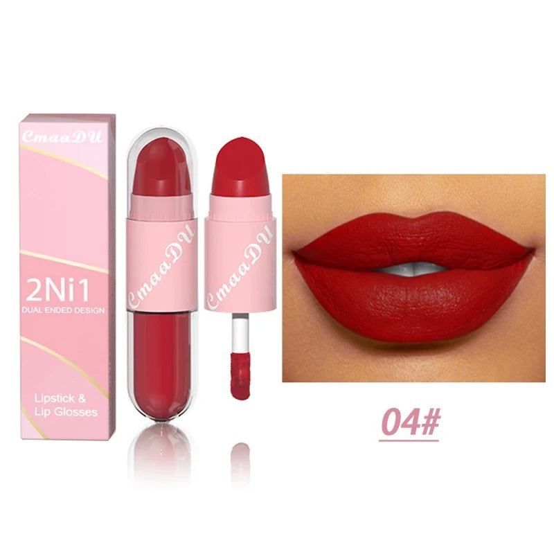 02.- 18 colores 2 en 1 lápiz labial mate líquido púrpura esmalte de labios doble cabeza maquillaje de labios duradero impermeable terciopelo Sexy barras de labios rojo oscuro